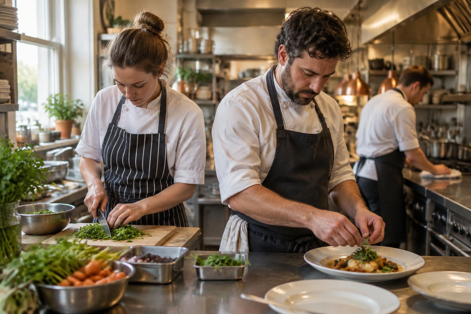 Two chefs preparing food together at a stainless steel bench in a bright Dublin pub kitchen