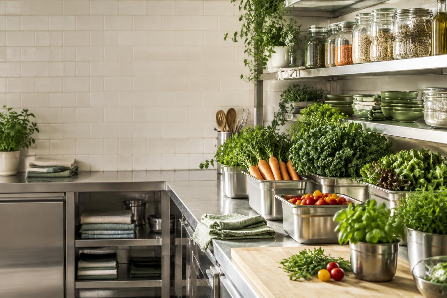 Seasonal produce prepped in steel containers on an organised kitchen bench